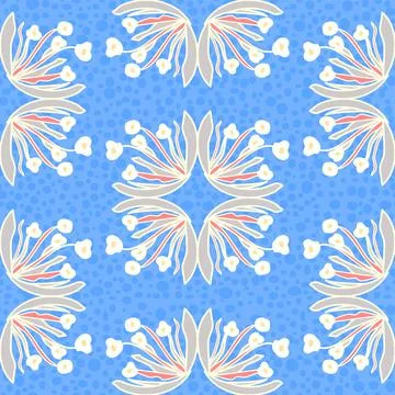 Wispy Flower Repeat Pattern In Pink And Grey On A Dotted Sky Blue Backdrop Stock Illustration