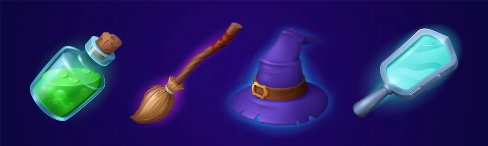 Witch accessories set isolated on dark background Stock Illustration