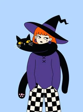 Witch and Black Cat Duo Stock Illustration