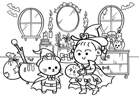 Witch and cat making magic together in spooky room Coloring Pages style. Stock Illustration