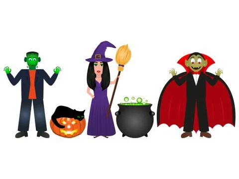 Witch and evil monsters with a pumpkin and a cat on a white background Illustrazione stock