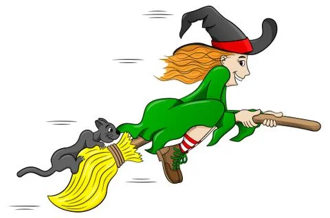 Witch and her cat flying on a broom Illustrazione stock