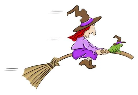 Witch and her toad flying on a broom Stock Illustration