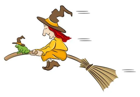 Witch and her toad flying on a broom Stock Illustration