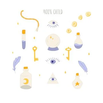 Witch and Magic set with key, bottle, crystal and feather Stock Illustration