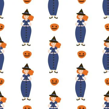 Witch and pumpkin pattern in simple style on white background Stock Illustration