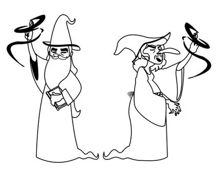 Witch and wizard of tales characters Ilustração Stock