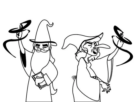 Witch and wizard of tales characters Ilustração Stock
