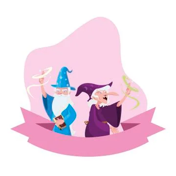 Witch and wizard of tales characters Ilustração Stock