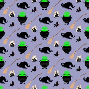 Witch attributes as broom, hat seamless pattern Stock Illustration