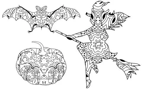 Witch, bat and pumpkin decorative with a pattern. Vector zentangle object for Stock Illustration