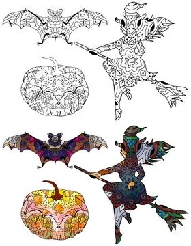 Witch, bat and pumpkin decorative with a pattern. Vector zentangle object for Stock Illustration