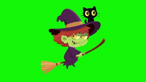 Witch With Black Cat Cartoon Characters Flying On Broom And Laughing Evil Stock Footage 319298705