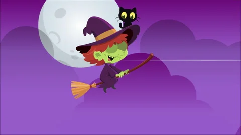 Witch With Black Cat Flying On Broom And Laughing Evil Stock Footage 319299841