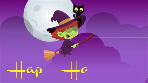 Witch With Black Cat Flying On Broom And Laughing Evil With Happy Halloween Text Stock Footage 319299873
