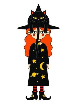 Witch with Black Cat on Hat イラスト素材