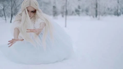 A witch in a blue dress is chasing in the winter forest. Apocalypse Stock Footage 170547056