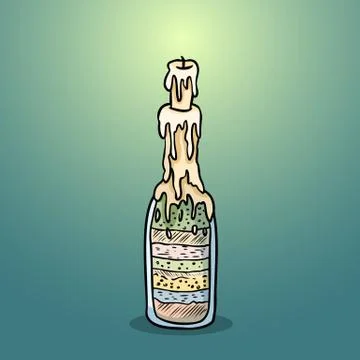 Witch bottle doodle image. Bottle filled with magical ingredients. Stock Illustration