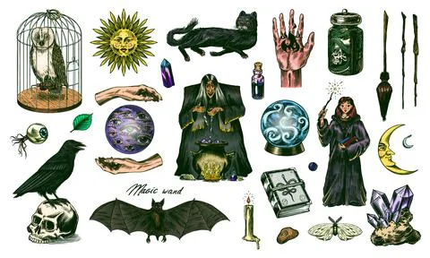 Witch brews a potion in a cauldron. Magic ball, book of spells, black cat Stock Illustration