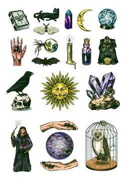 Witch brews a potion in a cauldron. Magic ball, book of spells, black cat Stock Illustration