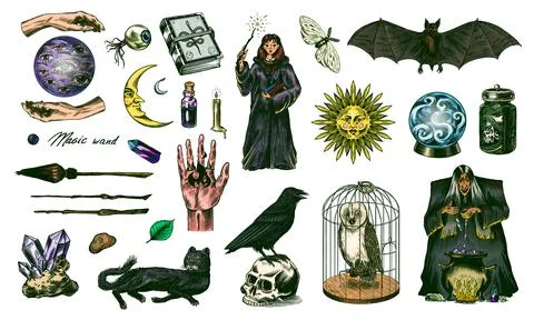 Witch brews a potion in a cauldron. Magic ball, book of spells, black cat Stock Illustration