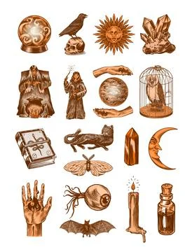 Witch brews a potion in a cauldron. Magic ball, book of spells, black cat Stock Illustration