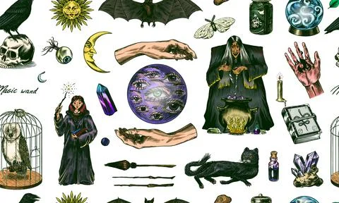 Witch brews a potion in a cauldron seamless pattern. Magic ball, book of spells Illustrazione stock