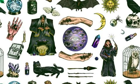 Witch brews a potion in a cauldron seamless pattern. Magic ball, book of spells Illustrazione stock