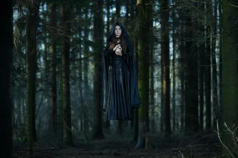 Witch with a broom in the forest Stock Photos
