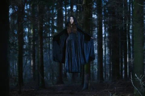 Witch with a broom in the forest Stock Photos