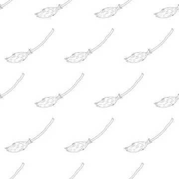 Witch broom line seamless pattern. Wooden broomstick isolated icon. Иллюстрация