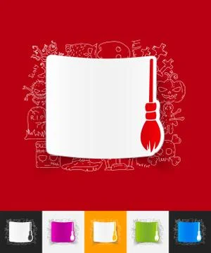 Witch broom paper sticker with hand drawn elements Stock Illustration