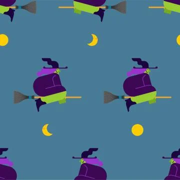 Witch on broom pattern seamless. Halloween background Vector illustration. イラスト素材