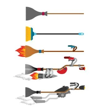 Witch broom set Technology evolution. Broomstick Speeding turbo. Halloween Ve Stock Illustration