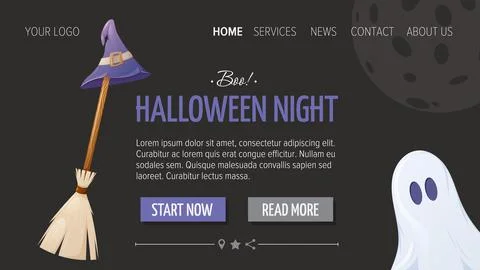 Witch broom with a sorcery hat and cute ghost. Halloween template Stock Illustration