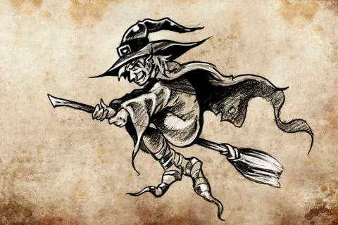 Witch on a broom, tattoo sketch, handmade design over vintage paper Stock Illustration