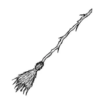 Witch broom. Vector. Isolated object on white. Hand-drawn style. Stock Illustration