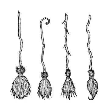 Witch broom. Vector. Isolated objects on a white background. Hand-drawn style. Stock Illustration