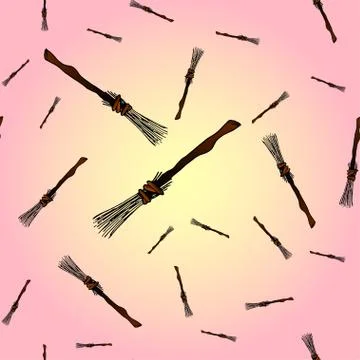 Witch broom on a white background. Seamless pattern. Stock Illustration