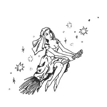 Witch on broomstick flying to sabbath Stock Illustration