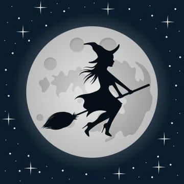 Witch on a broomstick on moon background. Vector black silhouette. Stock Illustration