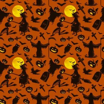 Witch on a broomstick under  full moon with skeletons and pumpkins to the c.. Stock Illustration