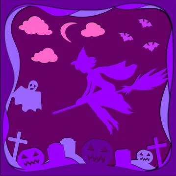 Witch on a broomstick,cemetery on a background of multi-layered colored paper Stock Illustration