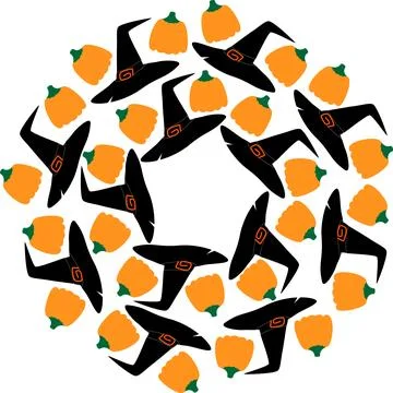 Witch caps with buckle and pumpkins Circular Frame border Halloween content Copy Stock Illustration