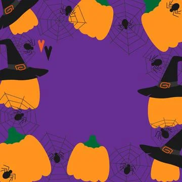 Witch caps on Pumpkins and spiders on cobweb. Colorful square frame border Copy Stock Illustration