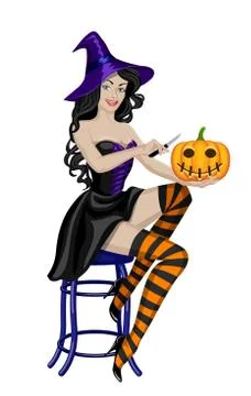 Witch carving pumpkin Stock Illustration