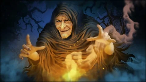 Witch casting a spell with fiery energy, a mystical action video. Stock Footage 318465739