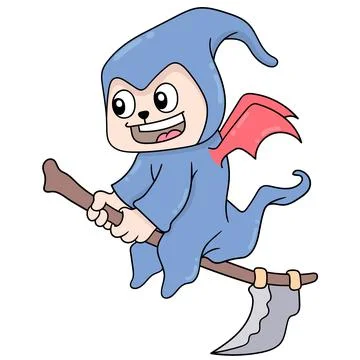 A witch cat is flying riding a magic broomstick, doodle icon image kawaii Illustrazione stock