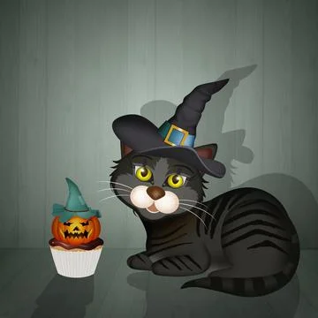 Witch cat with Halloween cupcake Stock Illustration