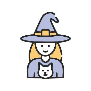 Witch with cat. Illustration of a smiling witch wearing a pointy hat and a .. Stock Illustration
